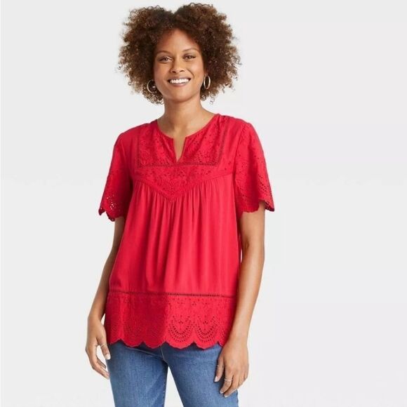 NEW Knox Rose robin red eyelet‎ loose fit v-neck peasant top M - Picture 1 of 8